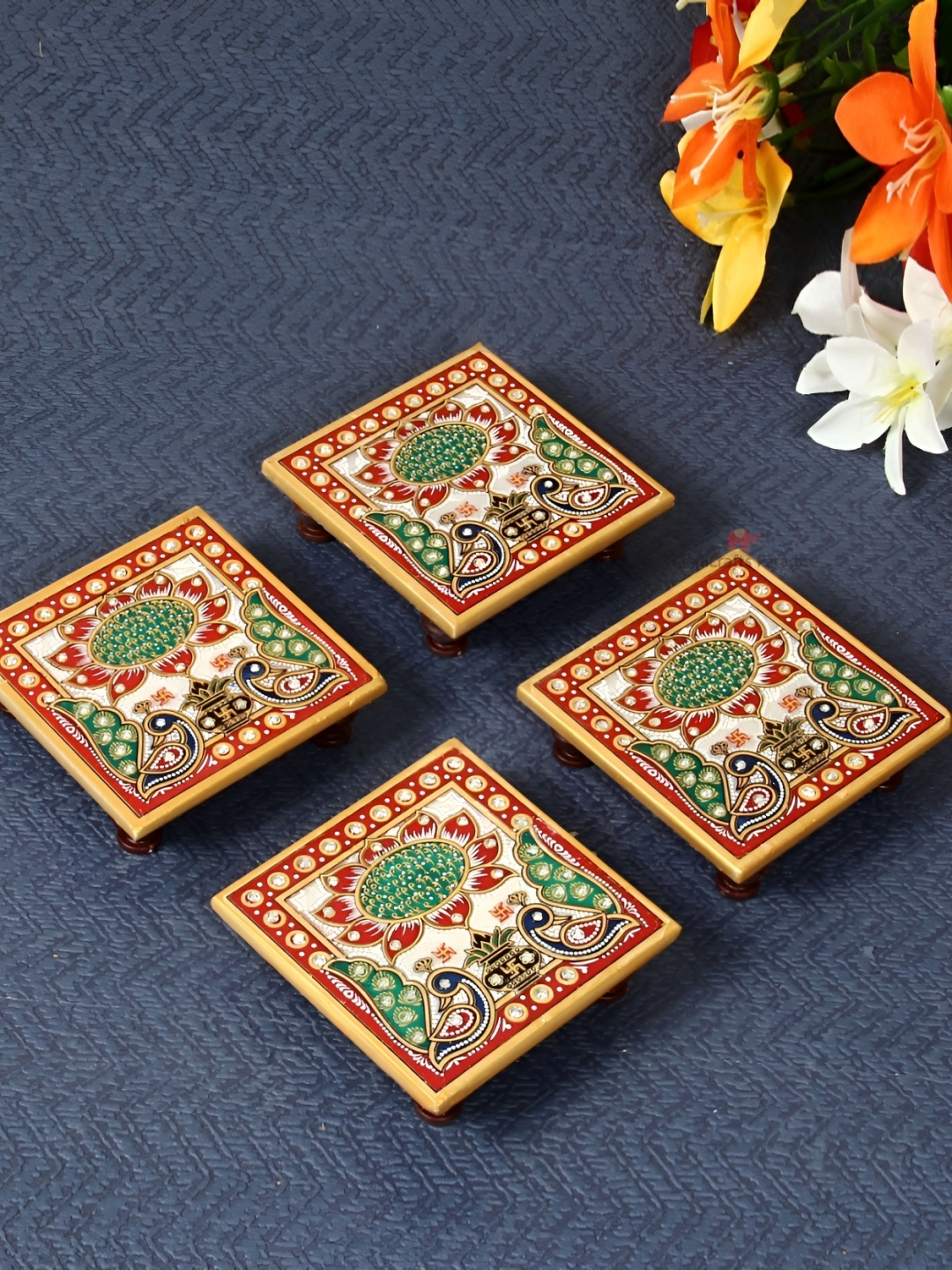 

HANDICRAFTS PARADISE White & Green 2 Pieces Lotus Design Marble Pooja Chowkies