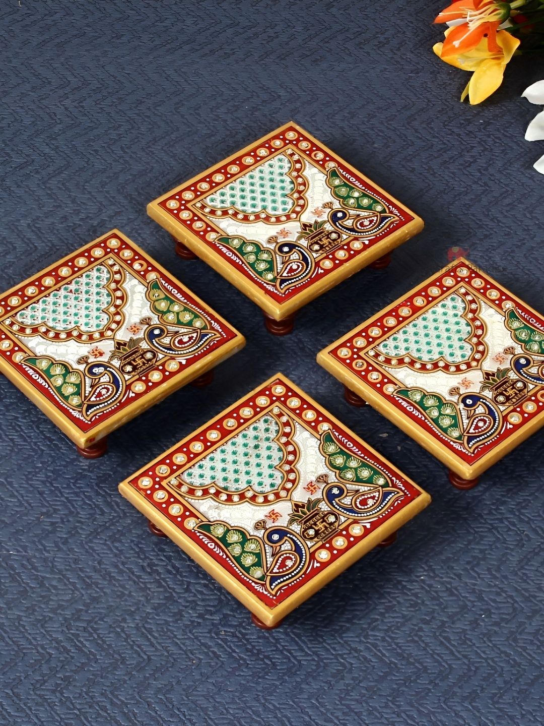 

HANDICRAFTS PARADISE 4 Pieces Red & Green Peacock-designed Marble Square Pooja Chowki, White