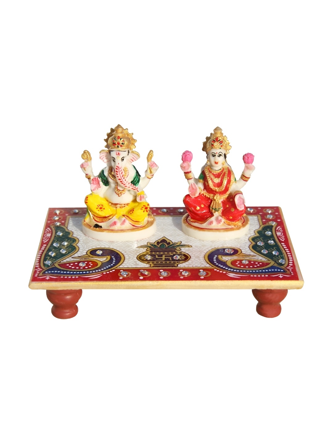 

HANDICRAFTS PARADISE White & Red Peacock-designed Pooja Chowki & Lakshmi Ganesh Showpieces