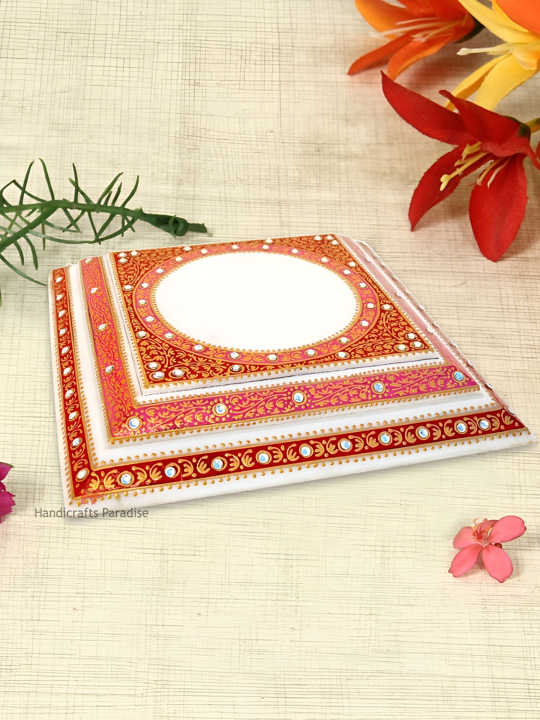 

HANDICRAFTS PARADISE Red & White Kundan-studded Marble Pooja Chowki