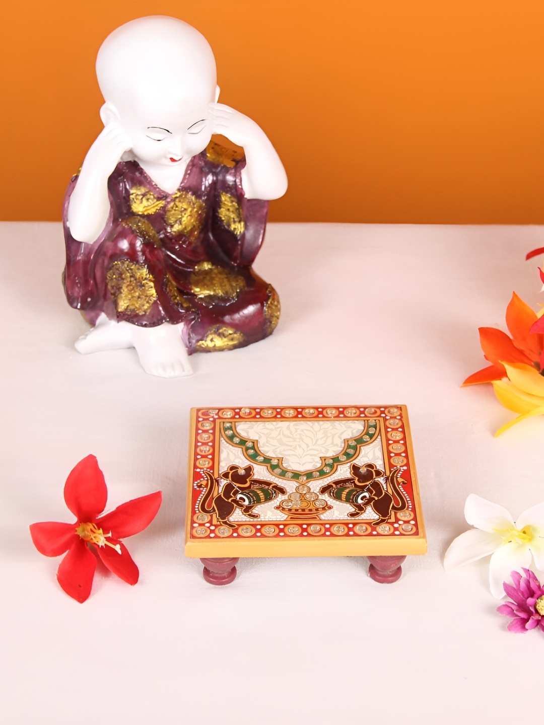 

HANDICRAFTS PARADISE White & Green 4 Pieces Painted Marble Pooja Chowkie