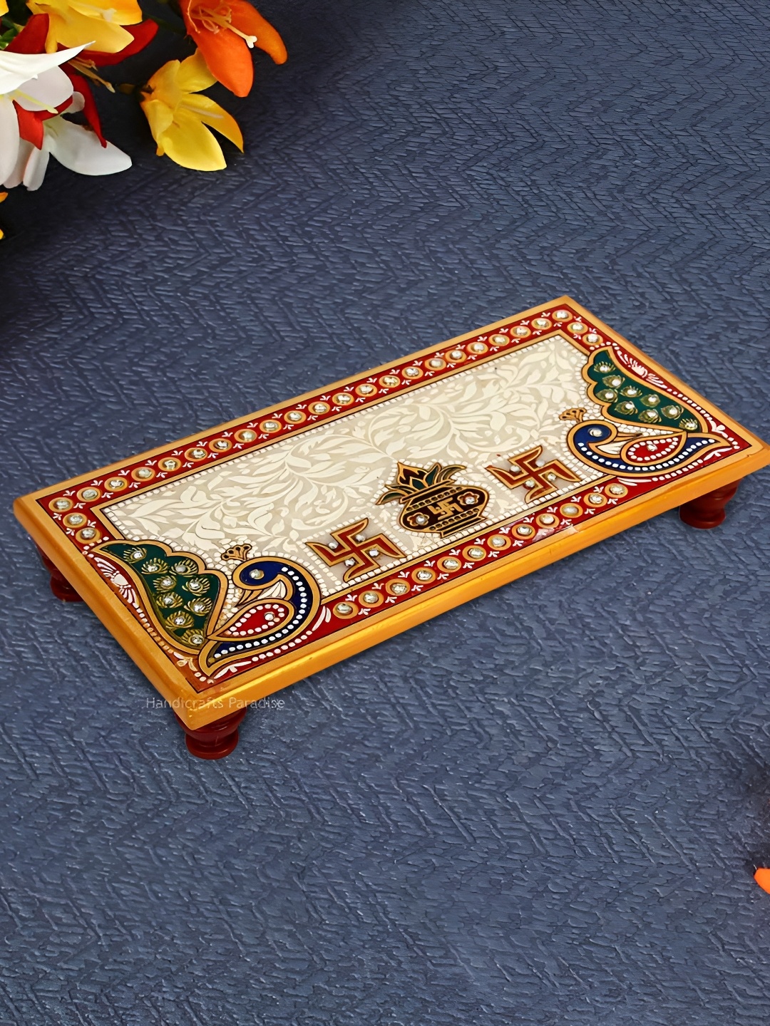 

HANDICRAFTS PARADISE White & Red Kundan-studded Marble Pooja Chowkie