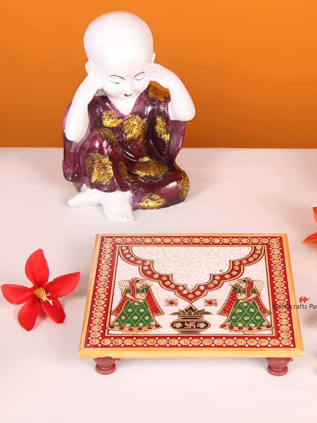 

HANDICRAFTS PARADISE White & Red Enamelled & Kundan Studded Marble Chowki Pooja Chowkie