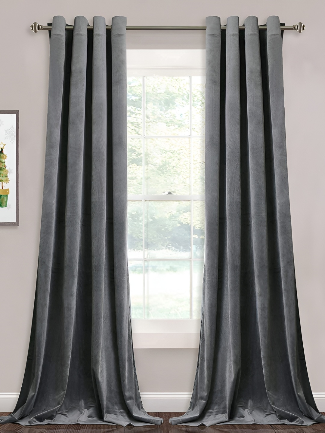 

Sparrow world Grey 2 Pieces Velvet Black Out Window Curtains
