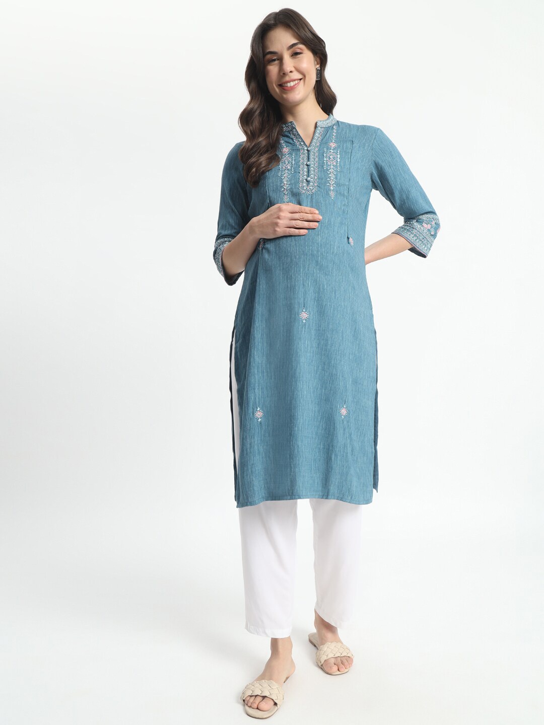 

mumzhug Pure Cotton Ethnic Motifs Embroidered Thread Work Maternity Kurta, Sea green