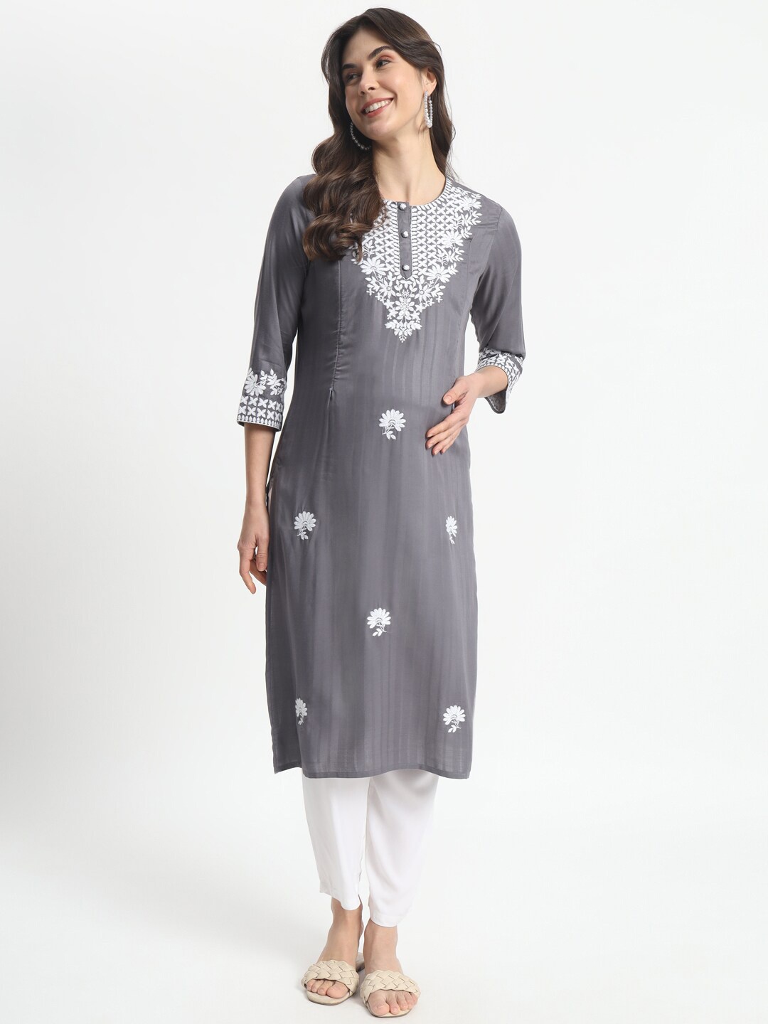 

mumzhug Floral Embroidered Thread Work Maternity Kurta, Grey