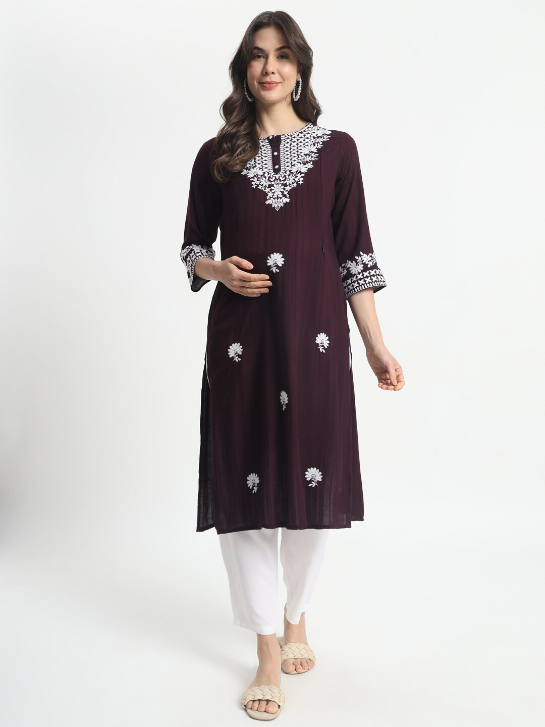 

mumzhug Floral Embroidered Pure Cotton Maternity Kurta, Burgundy