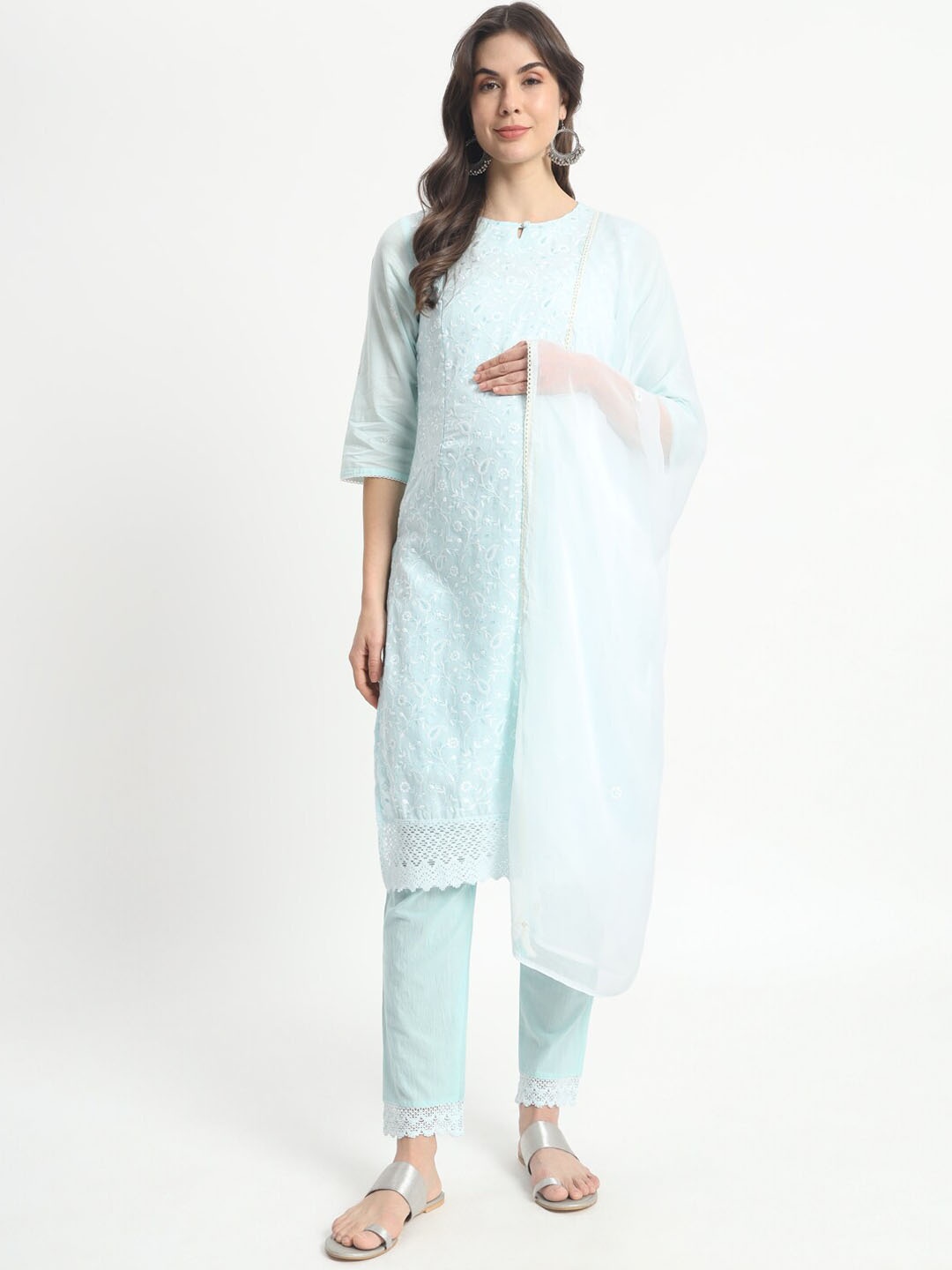 

mumzhug Chikankari Embroidered Maternity Pure Cotton Kurta with Trousers & Dupatta, Blue