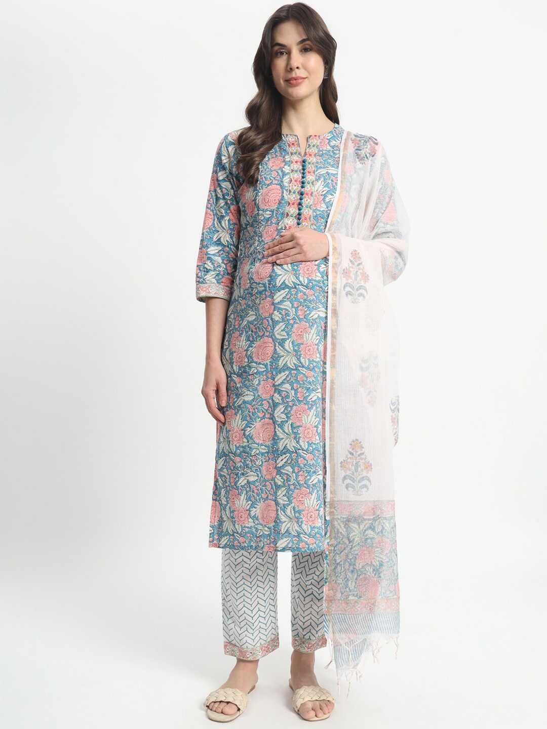 

mumzhug Floral Block Printed Maternity Straight Pure Cotton Kurta with Trousers & Dupatta, Blue