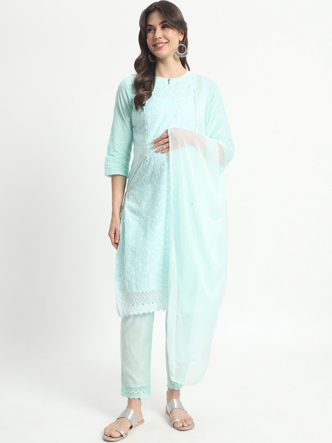 

mumzhug Chikankari Embroidered Maternity Pure Cotton Kurta with Trousers & Dupatta, Sea green