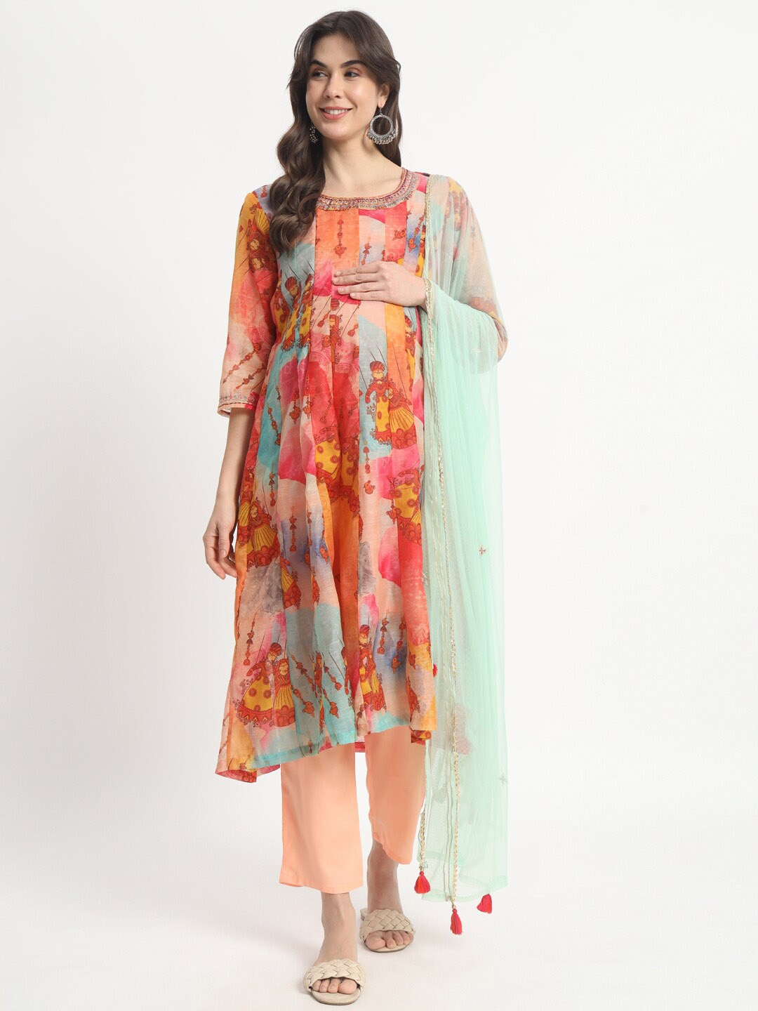 

mumzhug Ethnic PrintedMaternity Chanderi Cotton A-Line Kurta with Trousers & Dupatta, Orange