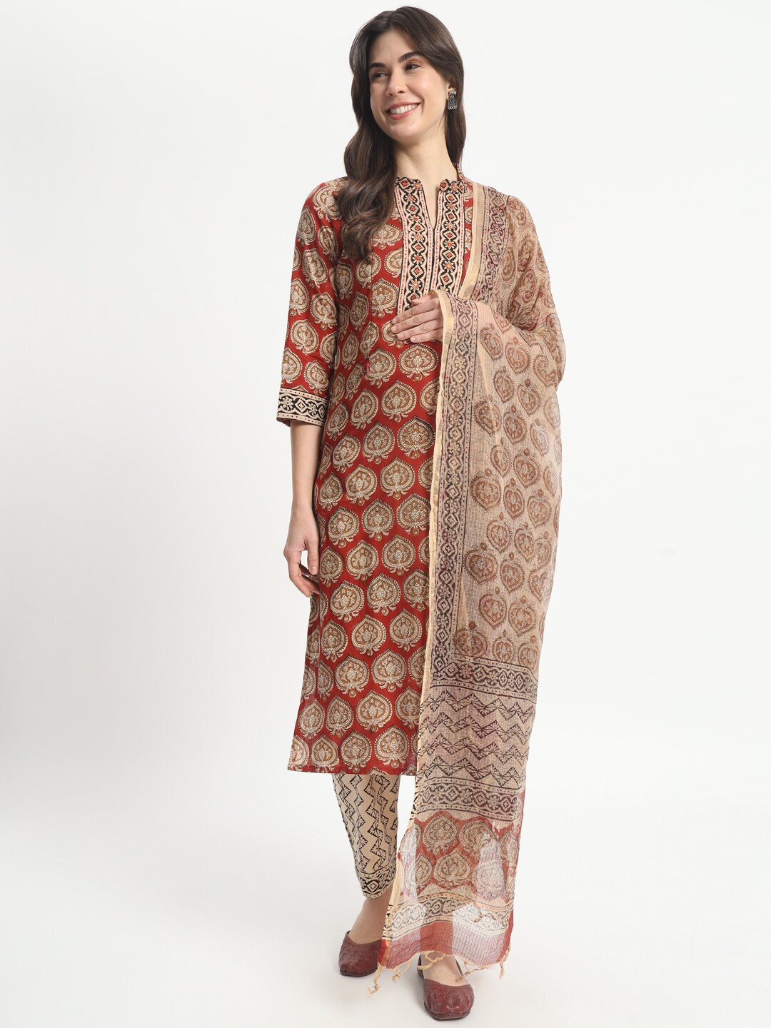 

mumzhug Ethnic Motifs Block Printed Maternity Pure Cotton Kurta with Trousers & Dupatta, Maroon