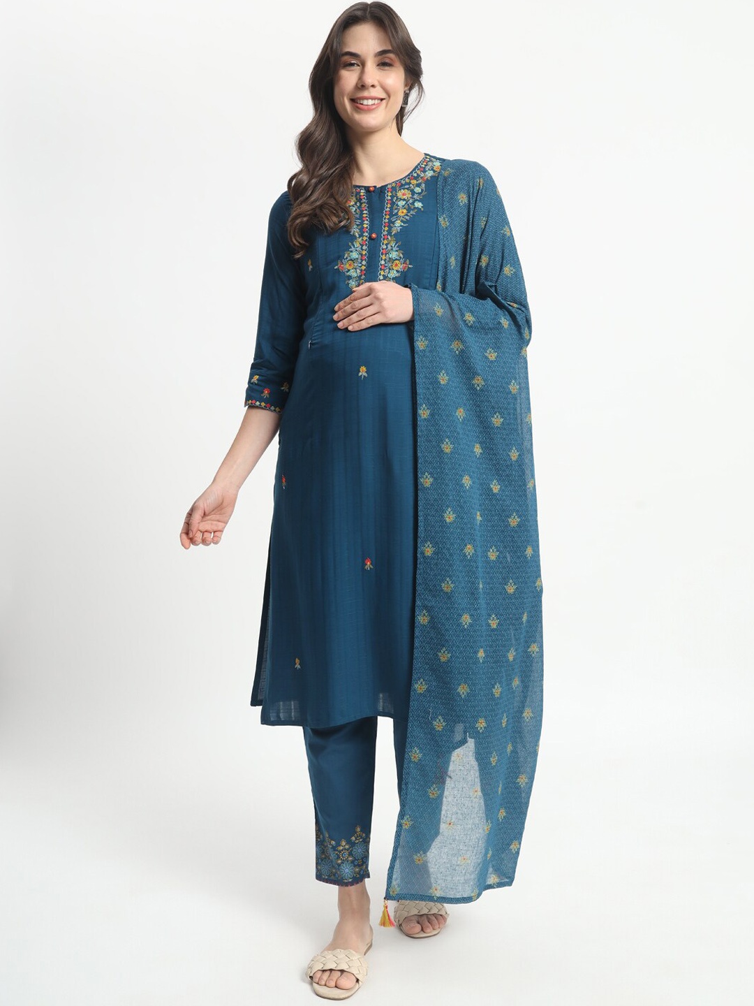

mumzhug Floral Embroidered Maternity Straight Kurta with Trousers & Dupatta, Turquoise blue