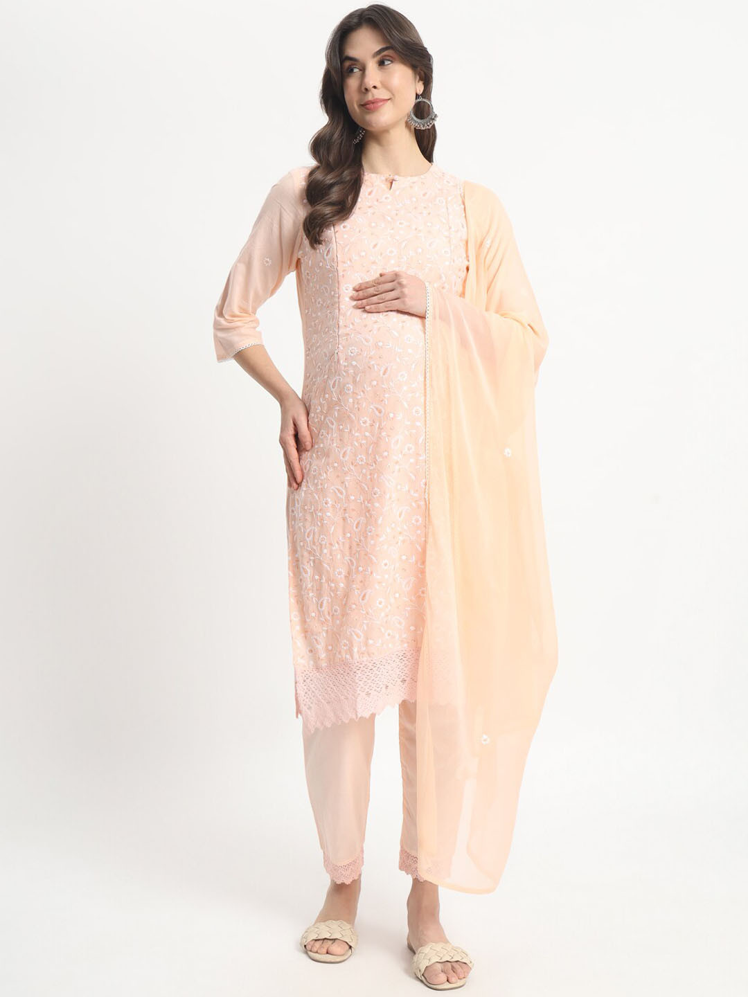 

mumzhug Chikankari Embroidered Maternity Pure Cotton Kurta with Trousers & Dupatta, Orange