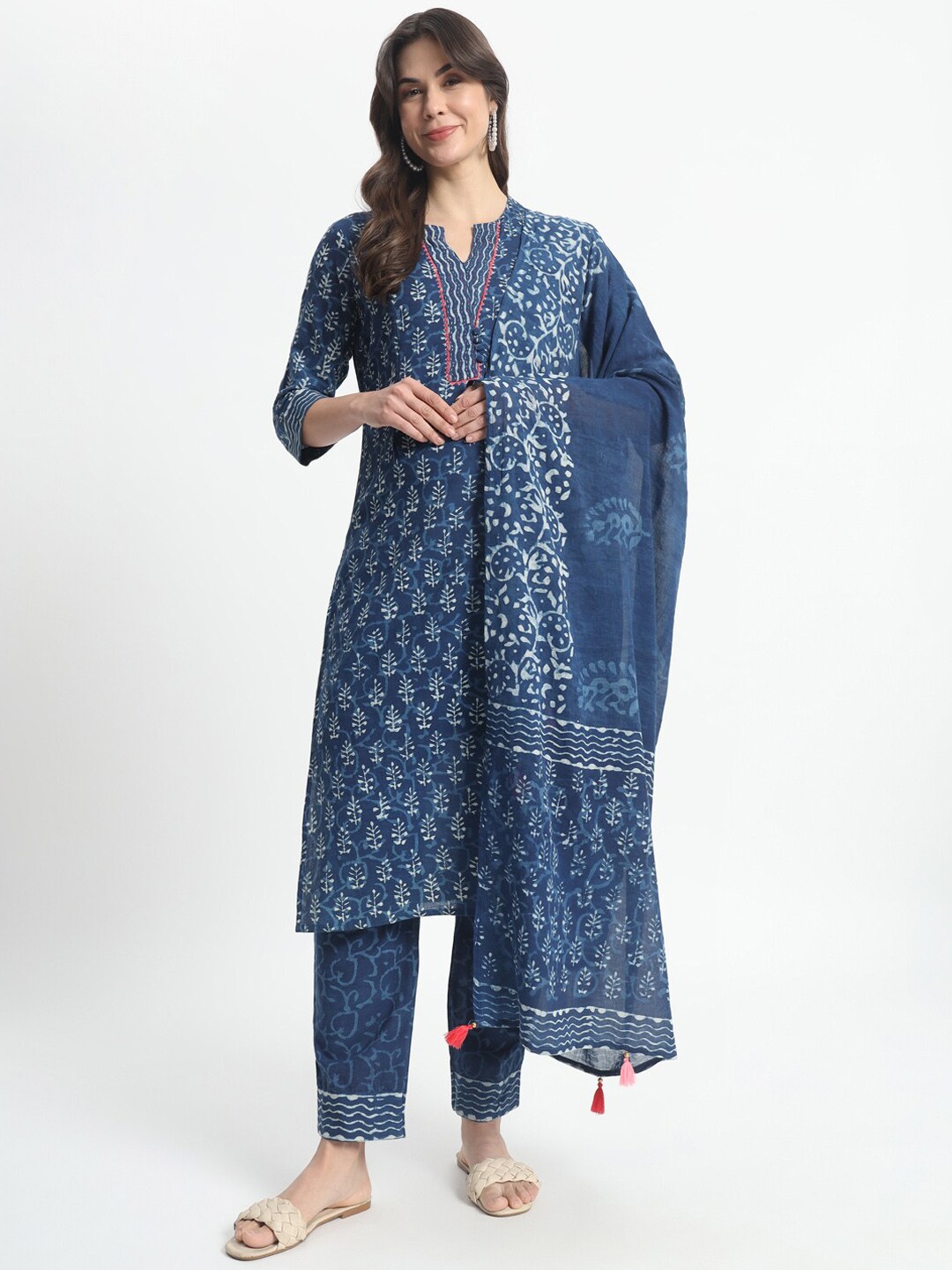 

mumzhug Ethnic Motifs Block Printed Maternity Pure Cotton Kurta with Trousers & Dupatta, Blue
