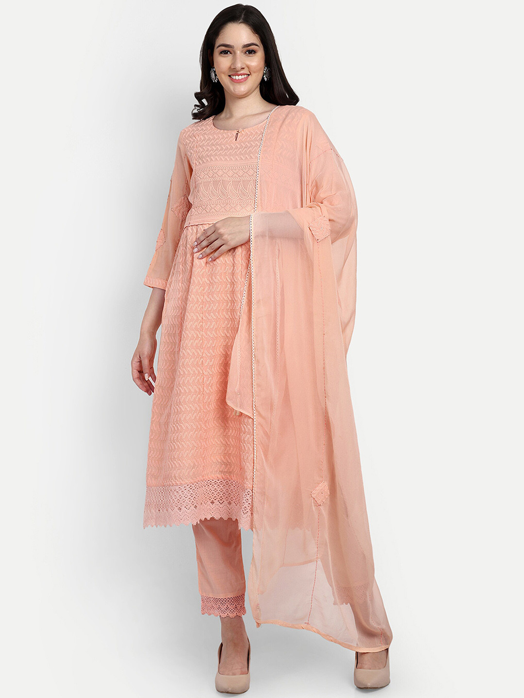 

mumzhug Ethnic Embroidered Chikankari Pure Cotton Maternity Kurta with Palazzos & Dupatta, Peach