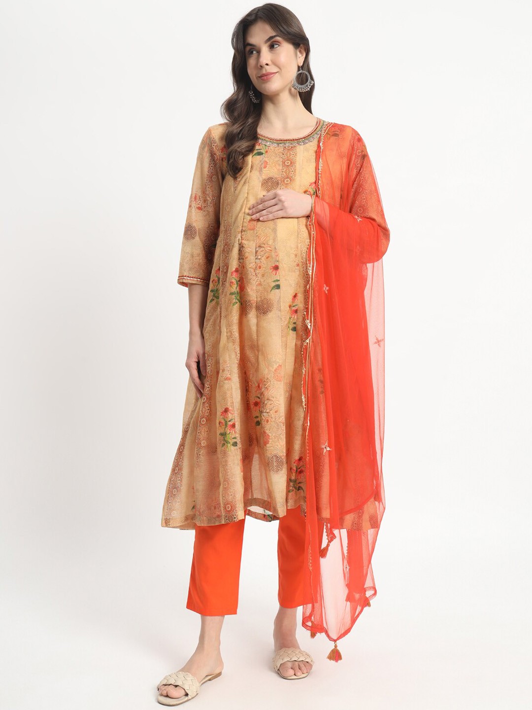 

mumzhug Floral Printed Regular Chanderi Cotton Maternity Kurta with Trousers & Dupatta, Orange