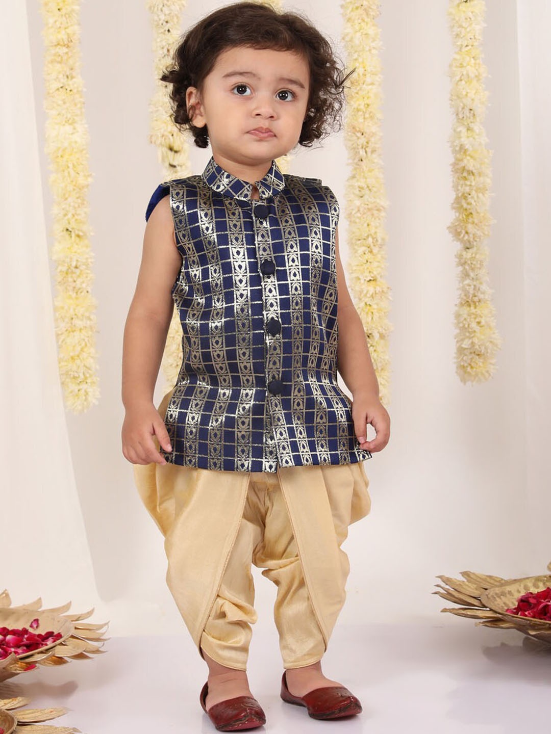 

JBN Creation Boys Ethnic Motifs Woven Design Mandarin Collar Kurta with Dhoti Pants, Navy blue