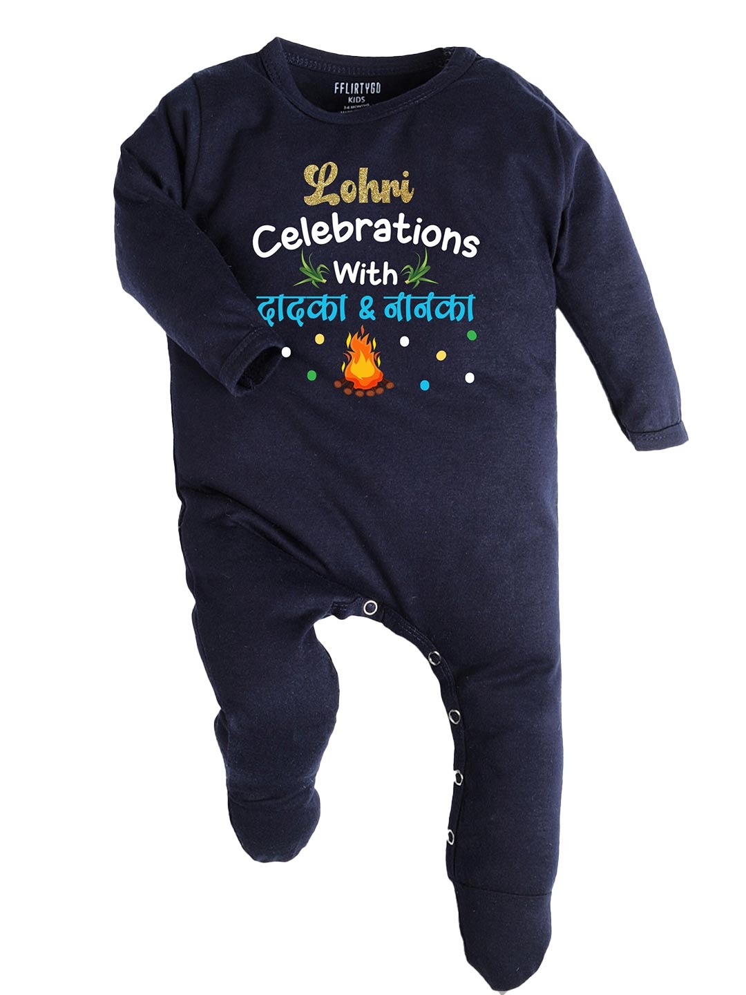 

FFLIRTYGO Infants Printed Pure Cotton Sleepsuit, Navy blue