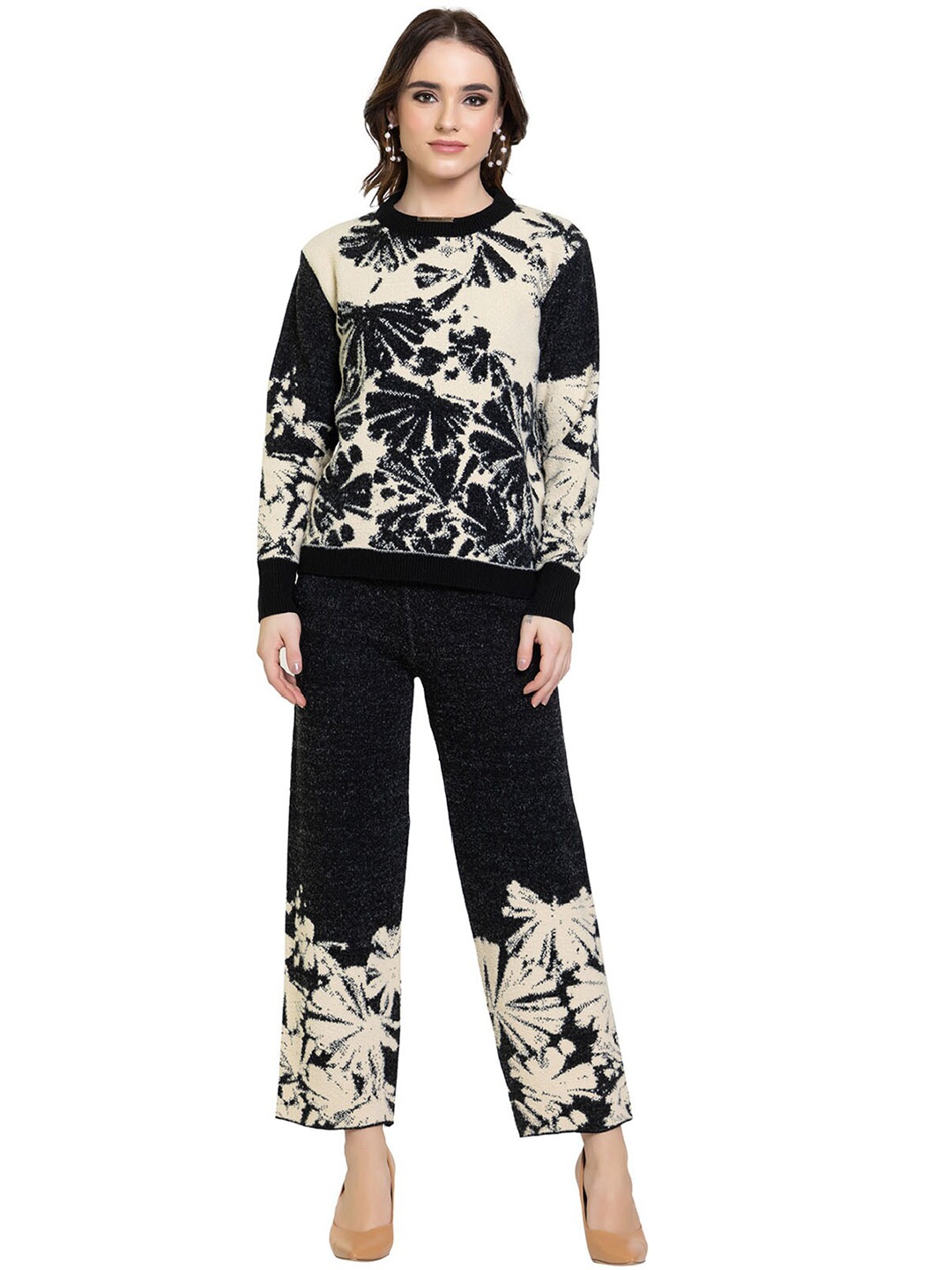 Elthia Floral Printed Long Sleeves Sweater With Trouser, Black