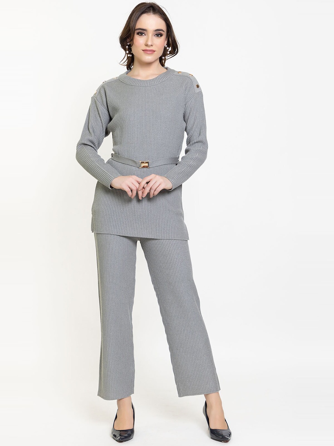 

Elthia Self-Design Knitted Sweater With Trouser Co-Ords, Grey