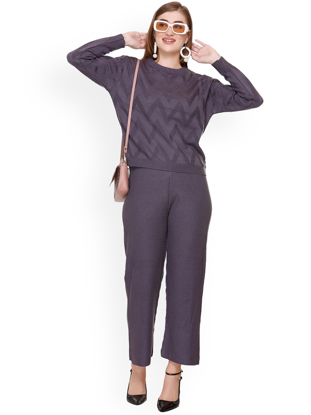 

Elthia Geometric Pattern Self-Design Knitted Sweater With Trouser, Purple