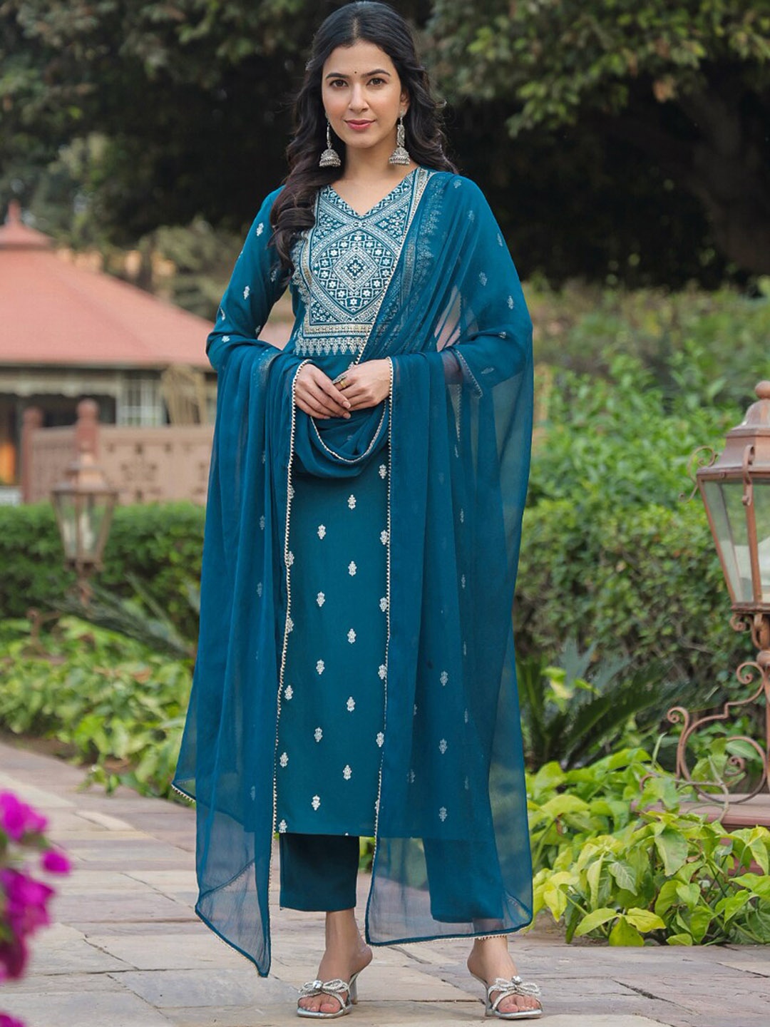 

KALINI Ethnic Motifs Embroidered Kurta With Trousers & Dupatta, Teal