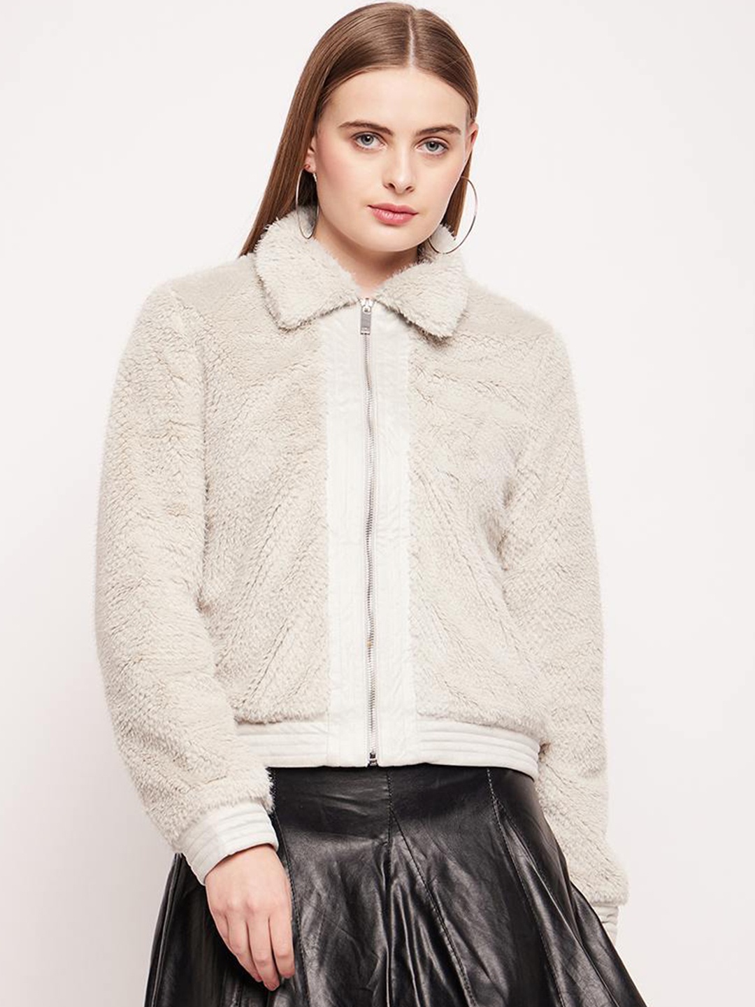 

CAMLA Self Design Spread Collar Long Sleeves Faux Fur Trim Bomber Jacket, Grey