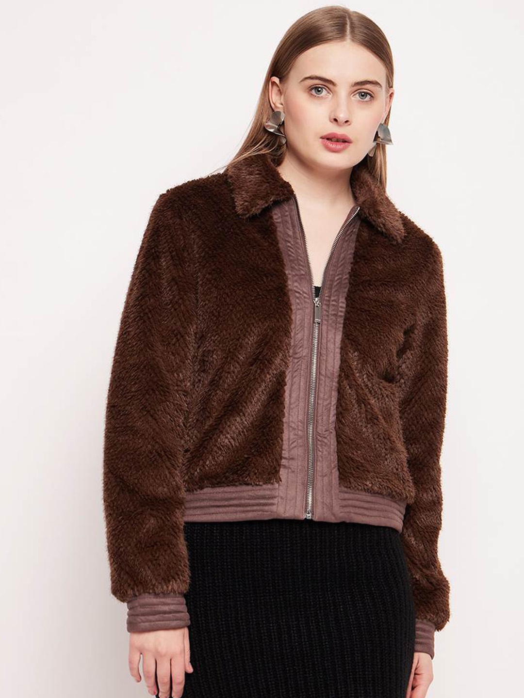 

CAMLA Self Design Spread Collar Long Sleeves Faux Fur Trim Bomber Jacket, Brown