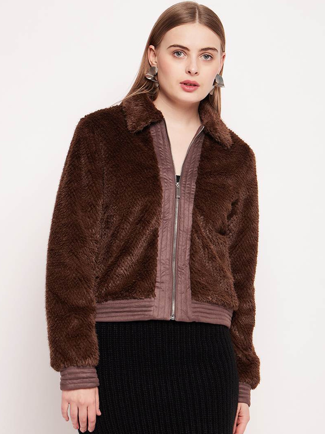 

CAMLA Self Design Spread Collar Long Sleeves Faux Fur Trim Bomber Jacket, Brown