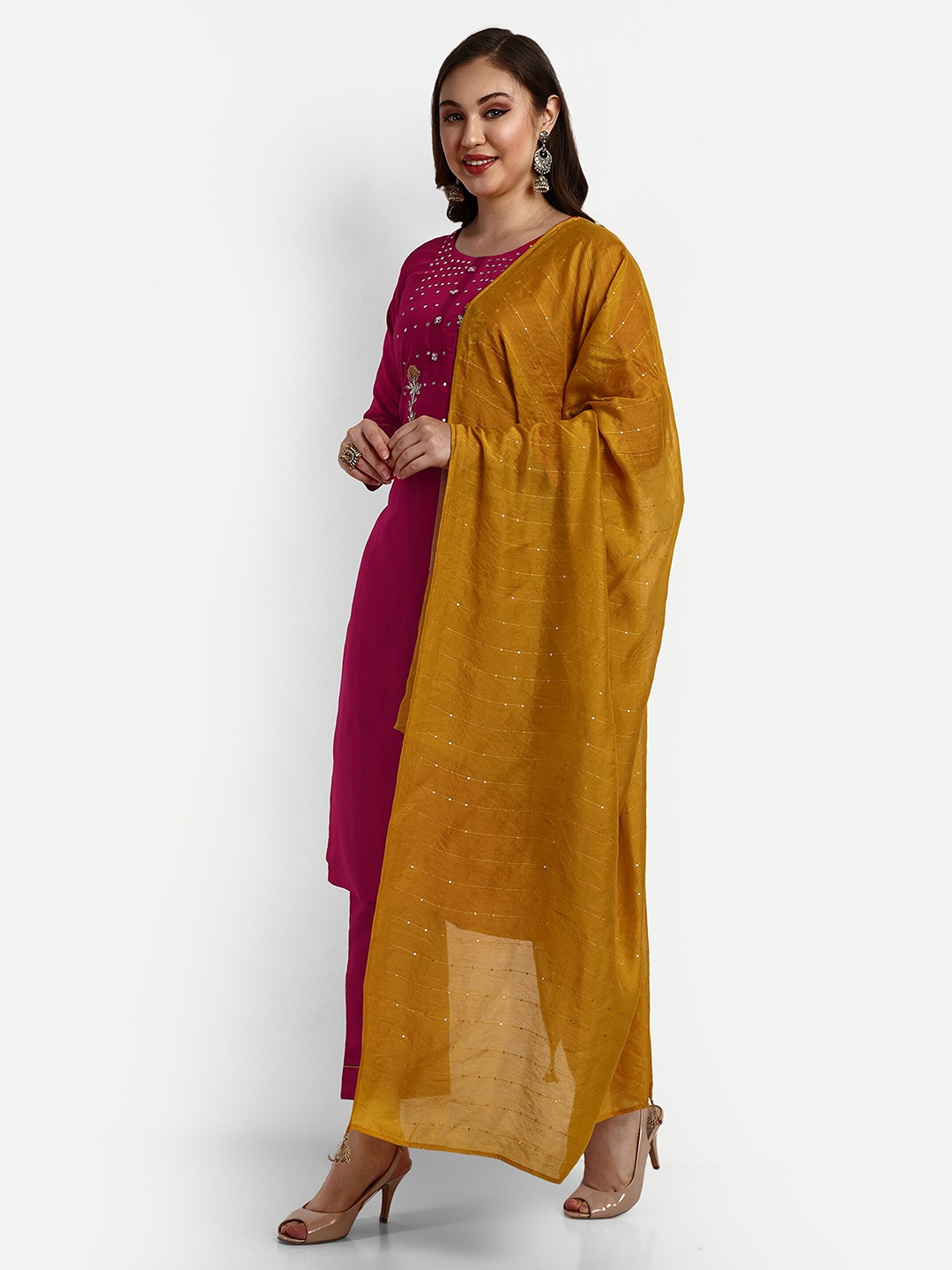 

V B SONS Embroidered Kurta With Trousers & Dupatta, Pink