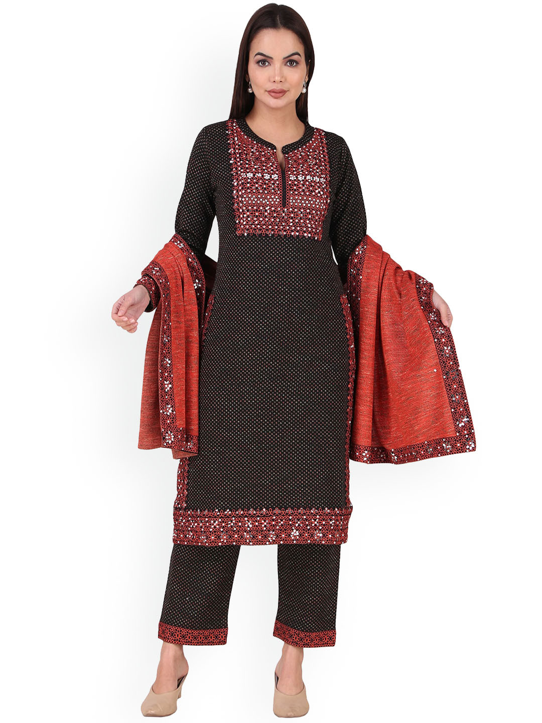 

Elthia Ethnic Motifs Embroidered Band Collar Thread Work Kurta with Trousers & Dupatta, Black