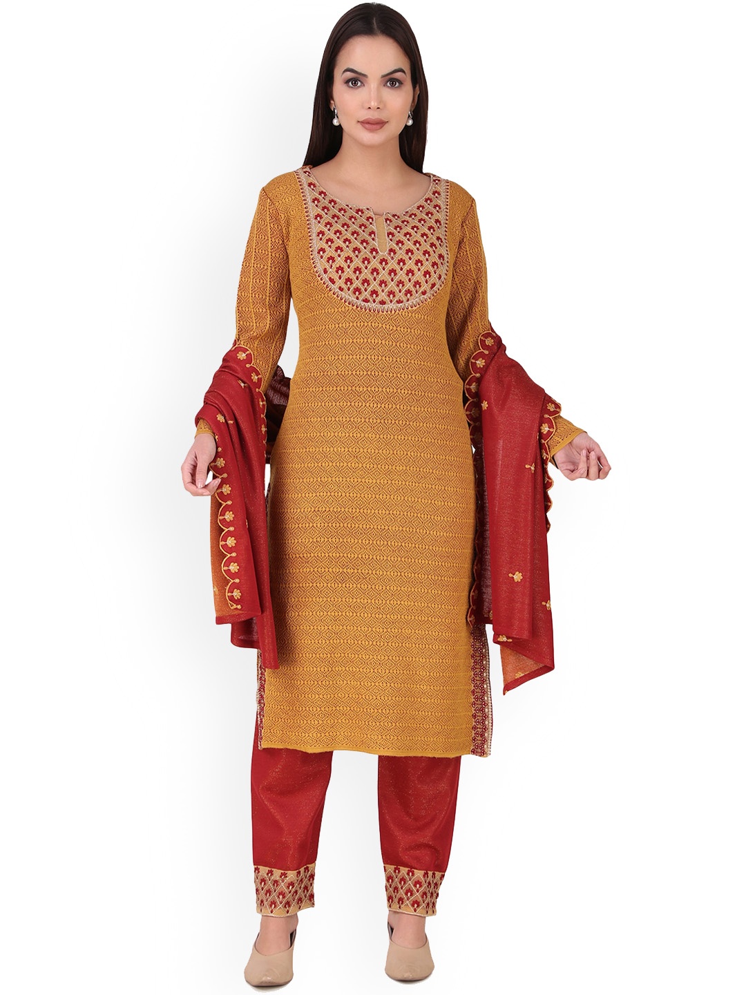 

Elthia Ethnic Motifs Printed Thread Work Kurta with Trousers & Dupatta, Mustard