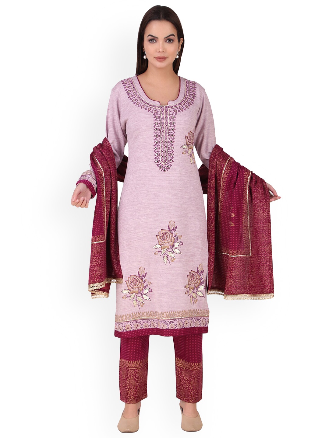 

Elthia Floral Printed Thread Work Kurta with Trousers & Dupatta, Lavender