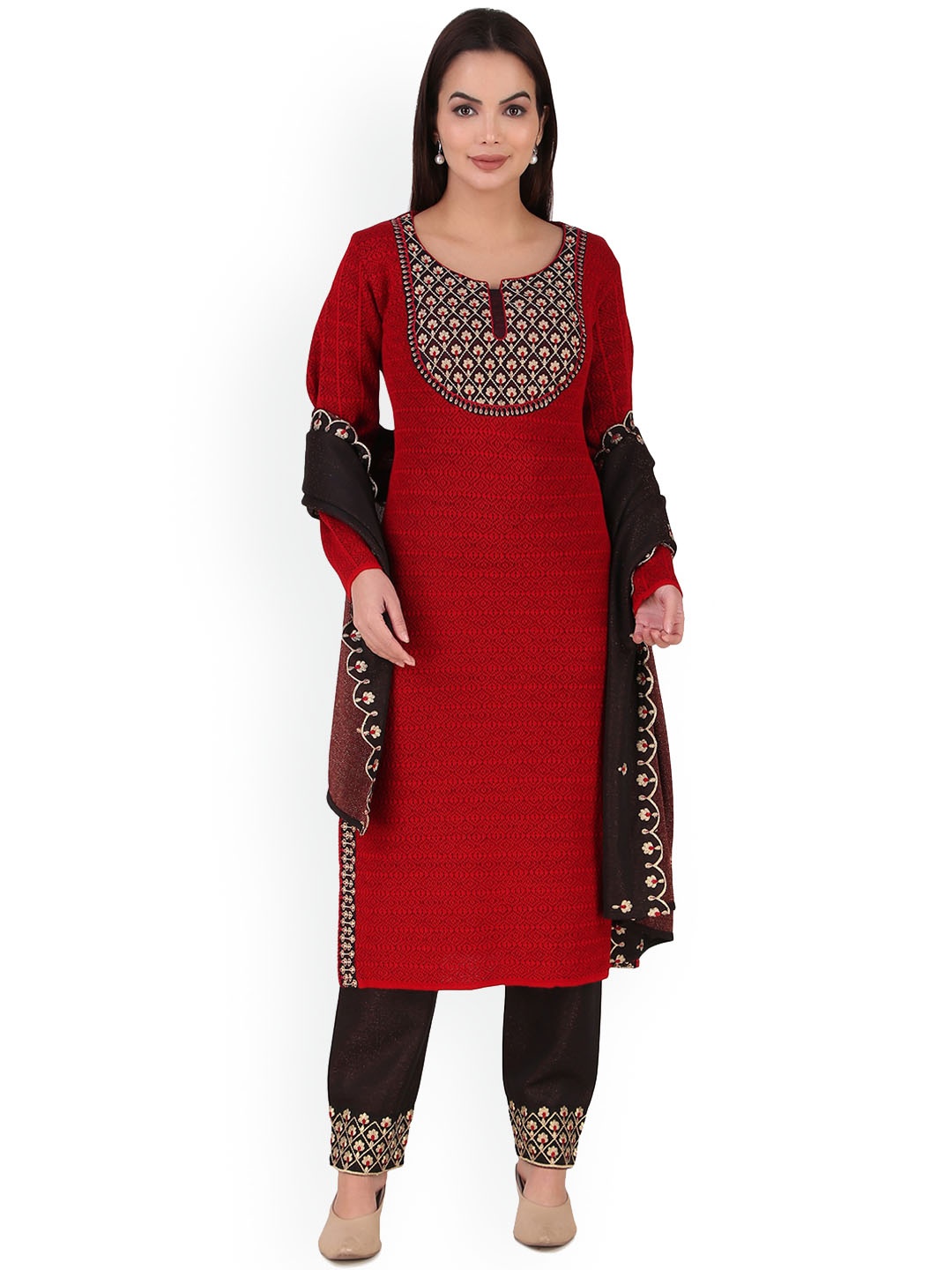 

Elthia Ethnic Motifs Yoke Design Thread Work Kurta with Trousers & Dupatta, Red