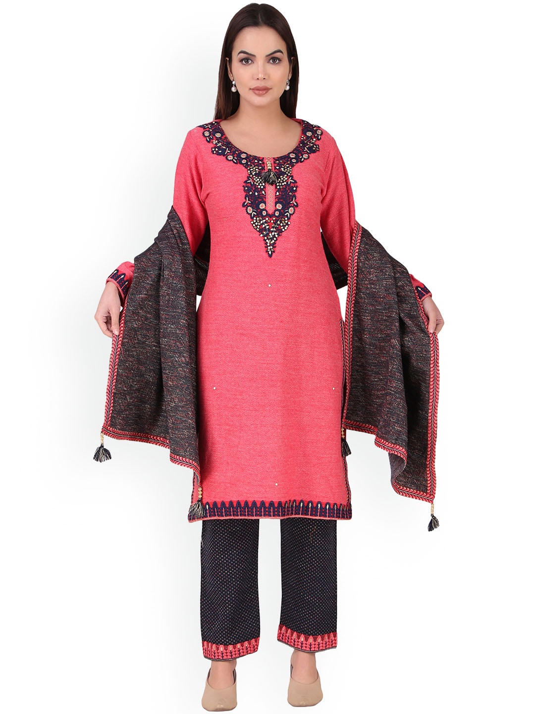 

Elthia Floral Yoke Designed Regular Thread Work Kurta With Trousers & Dupatta, Coral
