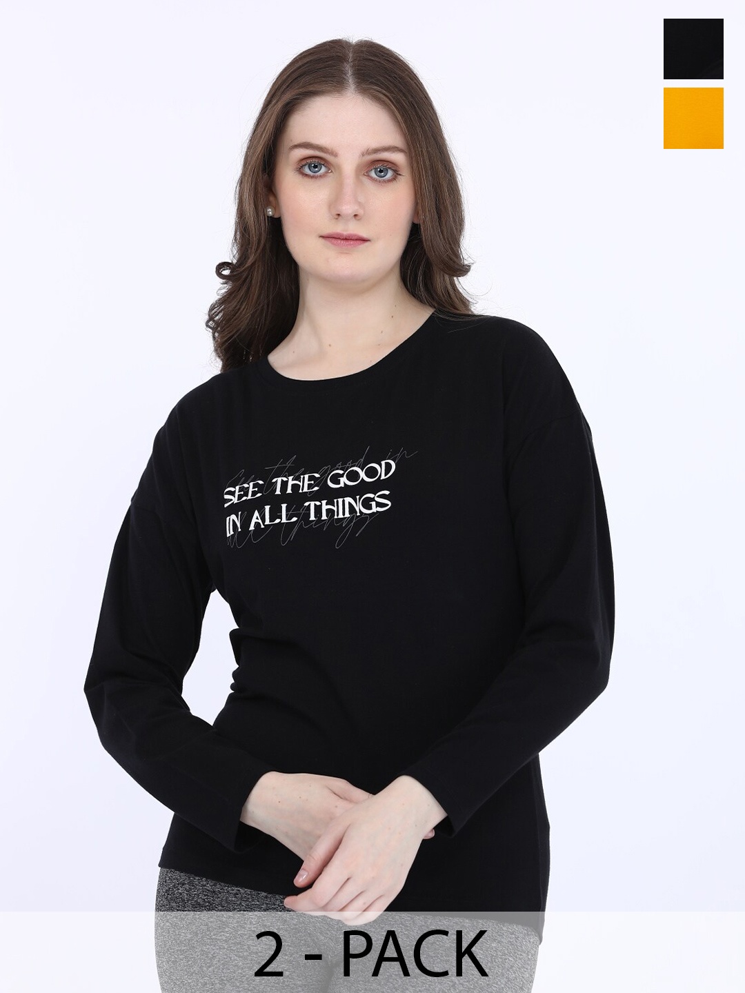 

MAYSIXTY Pack Of 2 Typography Printed Cotton Relaxed Fit T-shirt, Black