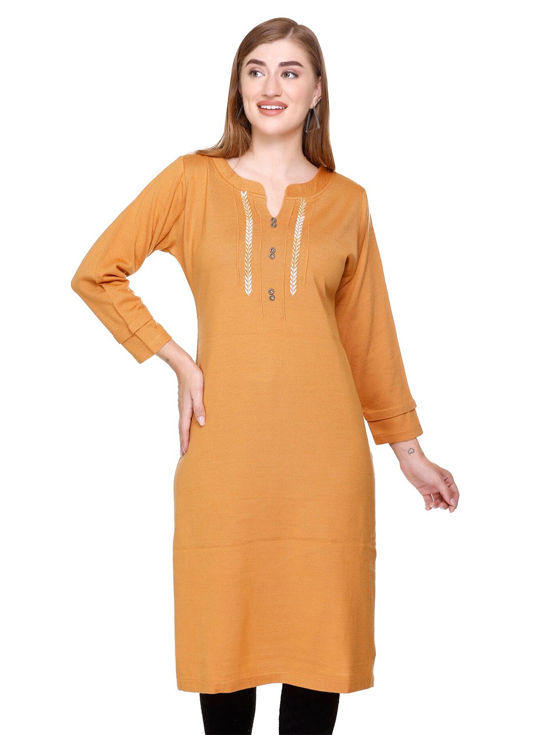 

Elthia's Notched Round Neck Woolen Straight Kurta, Yellow