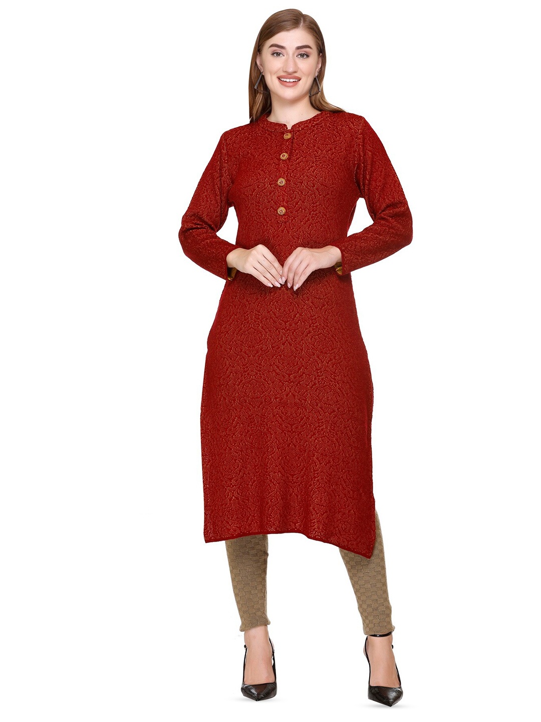 

Elthia Ethnic Motifs Mandarin Collar Long Sleeves Woollen Straight Kurta, Maroon