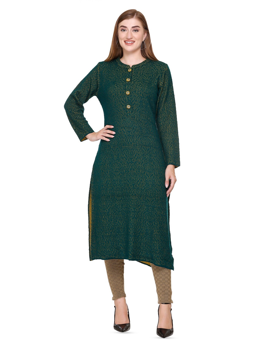 

Elthia Ethnic Motifs Mandarin Collar Long Sleeves Woollen Straight Kurta, Green