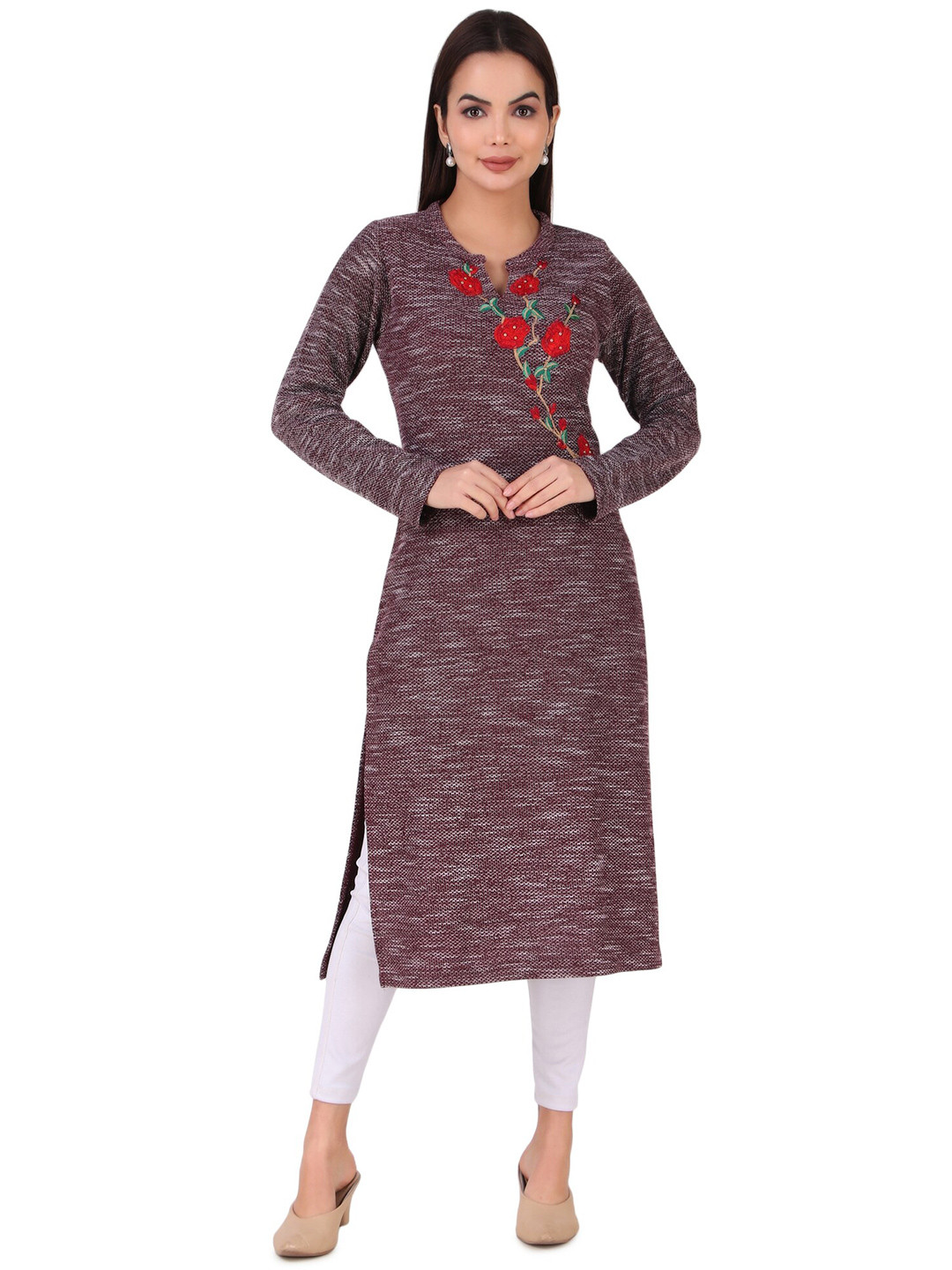 

Elthia Floral Embroidered Chevron Mandarin Collar Woollen Straight Kurta, Burgundy