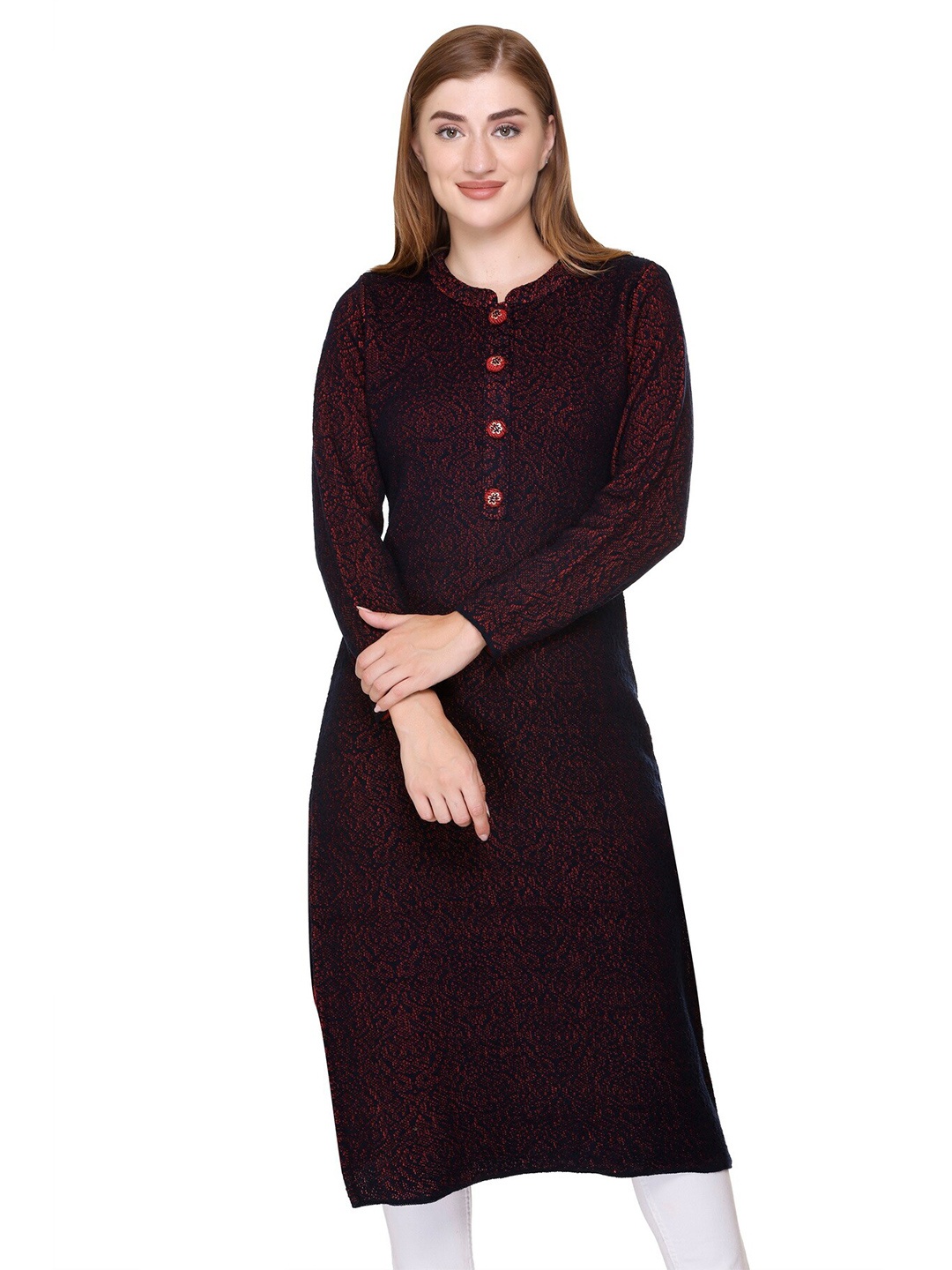 

Elthia Ethnic Motifs Mandarin Collar Long Sleeves Woollen Straight Kurta, Navy blue