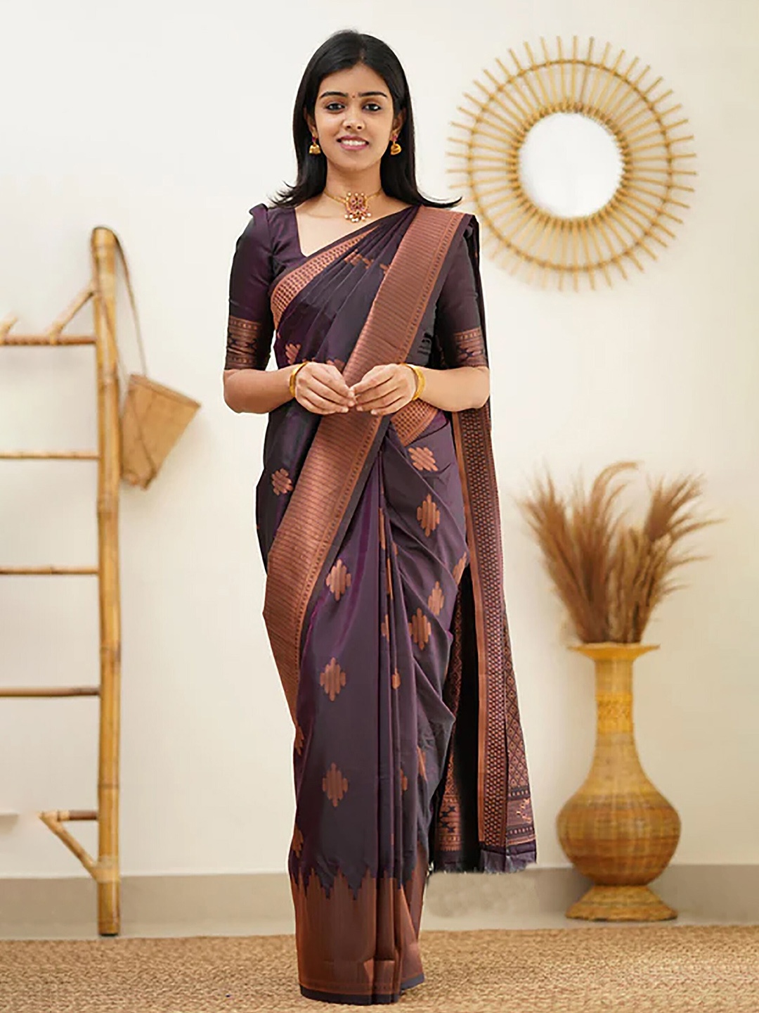 

KALINI Ethnic Woven Design Silk Blend Designer Kanjeevaram Saree, Purple