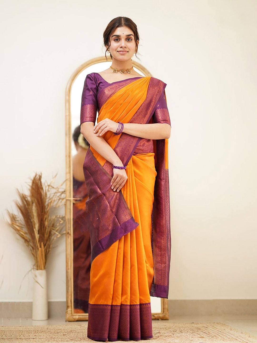 

KALINI Woven Design Zari Banarasi Saree, Orange