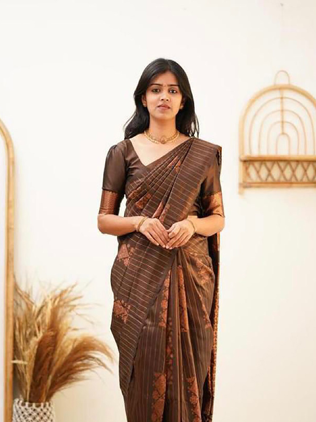 

KALINI Floral Woven Design Zari Banarasi Saree, Brown