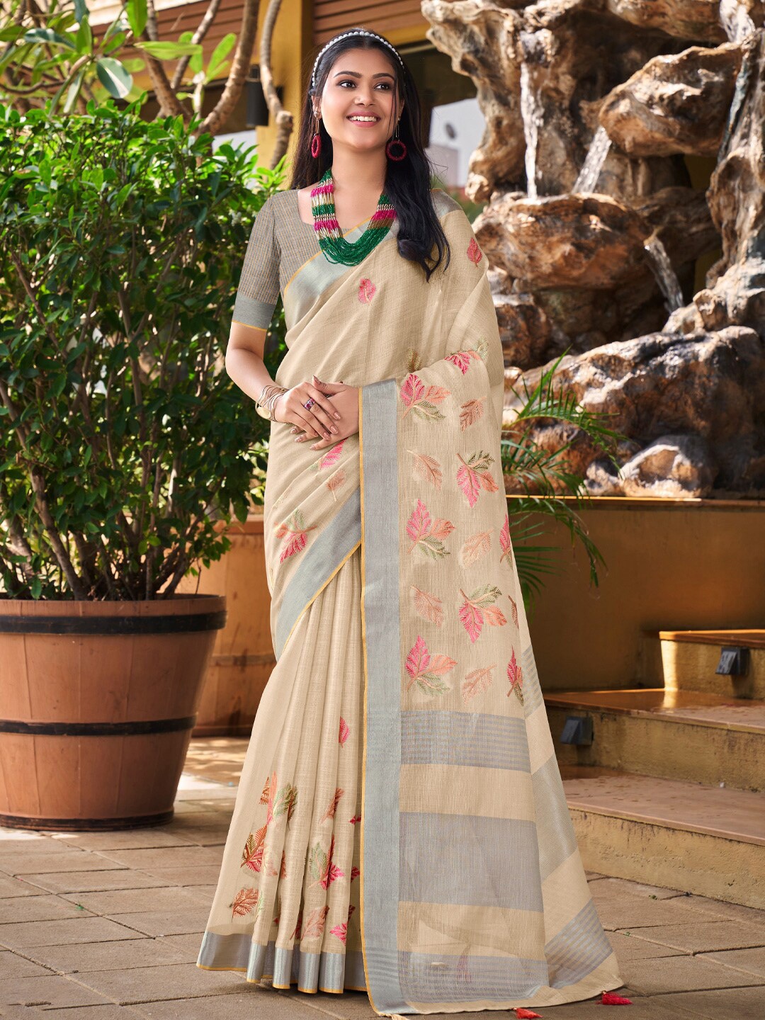 

Mitera Beige & Grey Embellished Linen Blend Embroidered Designer Saree