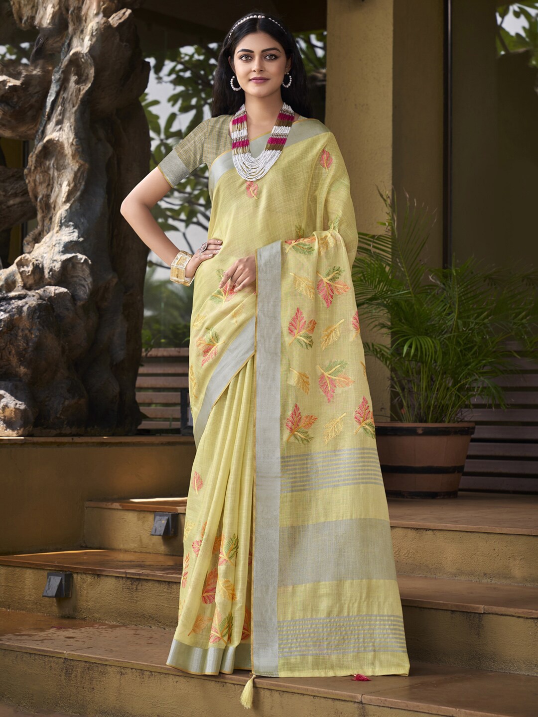

Mitera Embellished Linen Blend Embroidered Designer Saree, Yellow