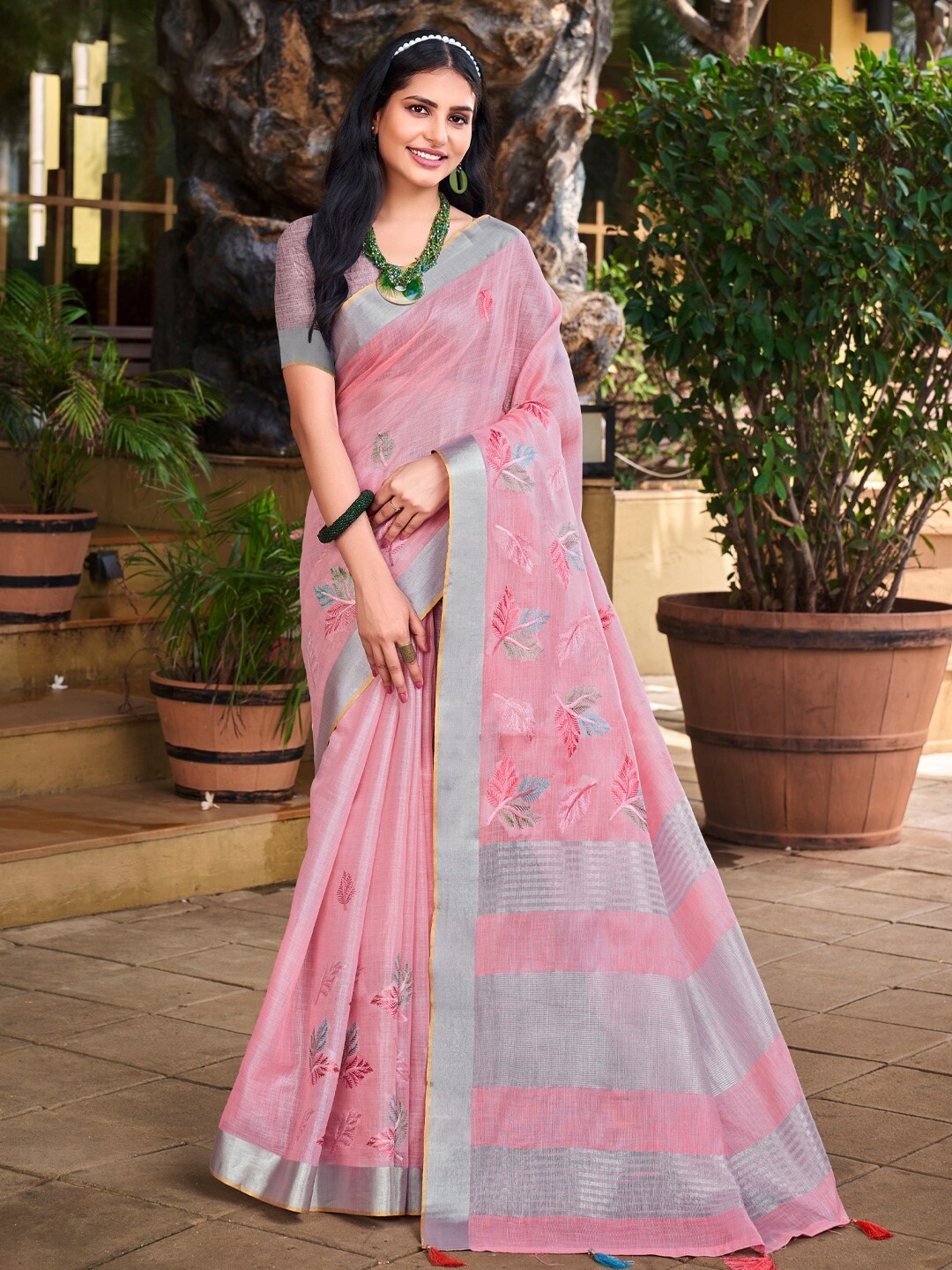 

Mitera Embellished Linen Blend Embroidered Designer Saree, Pink