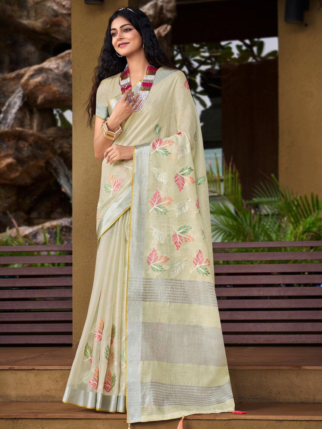 

Mitera Embellished Linen Blend Embroidered Designer Saree, White