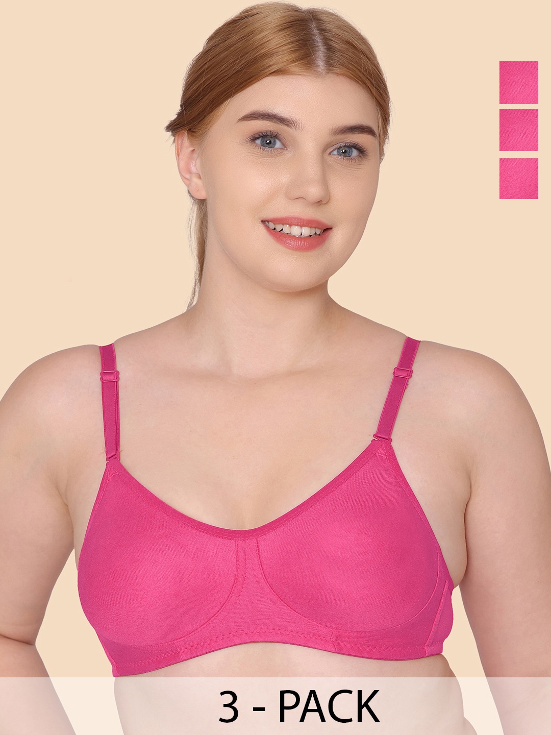 

KOMLI Pack Of 3 Pure Cotton T-shirt Bra Full Coverage Non-Wired Non Padded All Day Comfort, Pink
